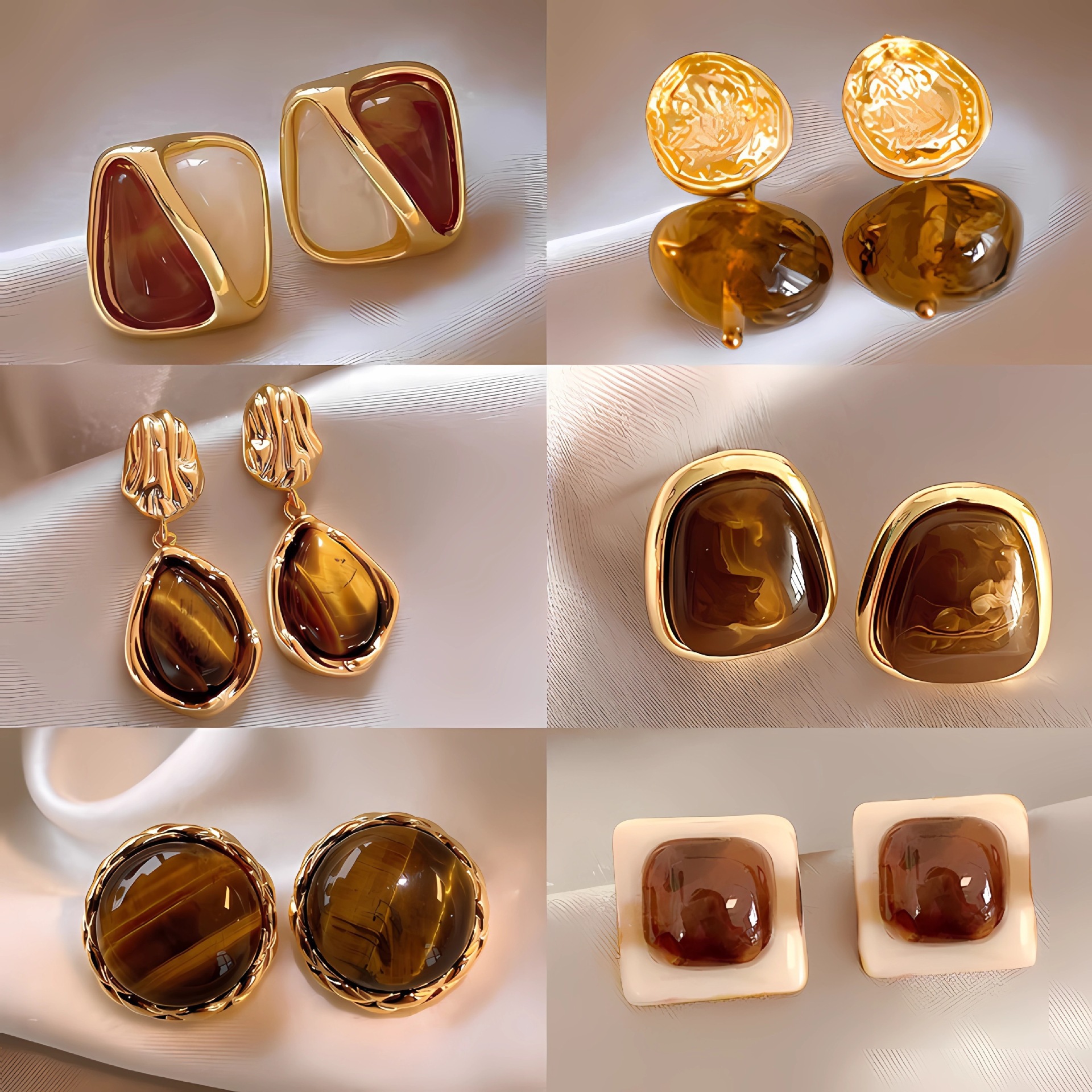 Cross-border bestseller autumn and winter coffee-colored high-end stud earrings for women, new 2024 trendy and stylish earrings, retro Hong Kong-style earrings details Picture