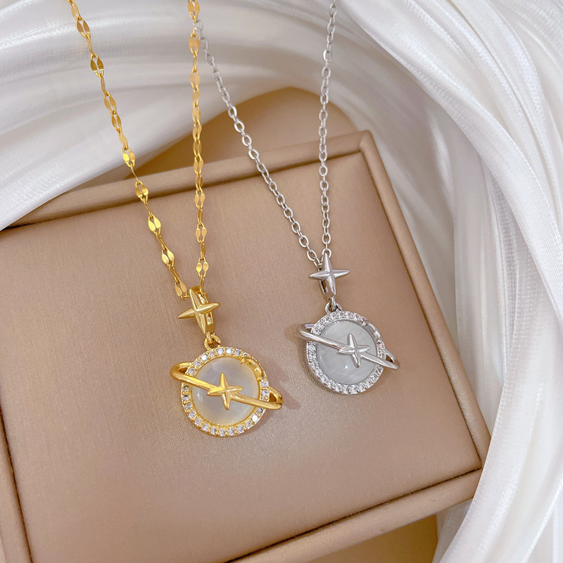 【 Titanium Steel 】 Light luxury slightly inlaid real gold cat's eye stone Planet necklace, new women's collarbone chain, light luxury and niche design sense full figure