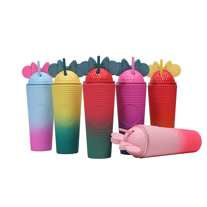Cross-border factory direct supply double-layer plastic straw cup with bow water cup, portable and prickly creative durian cup Item Picture