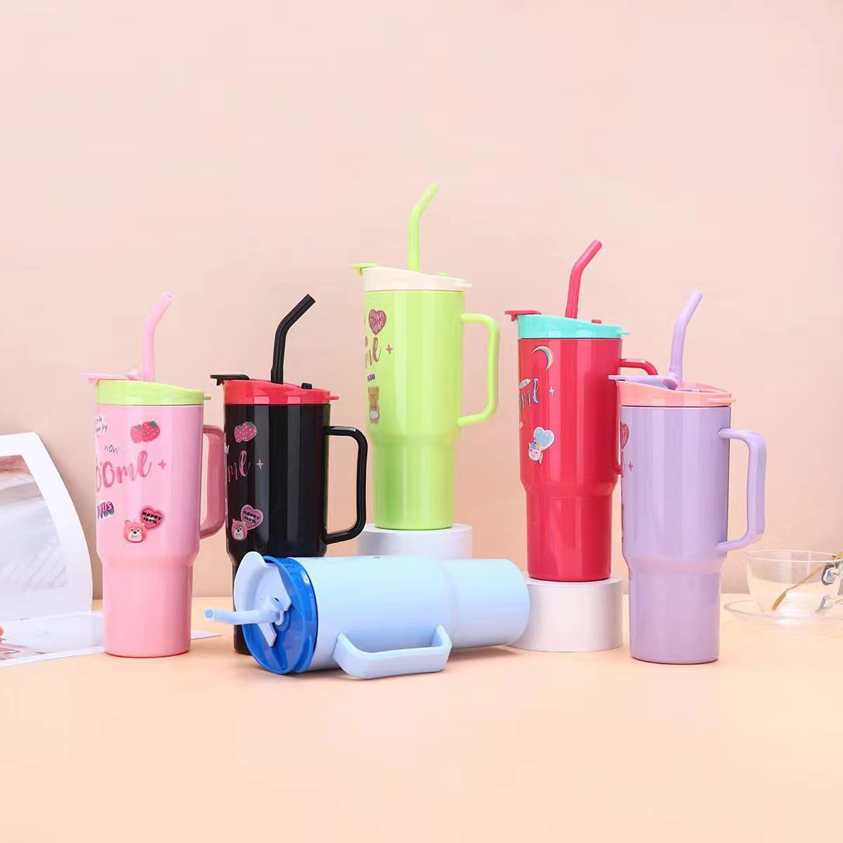 Cross-border 40oz car cup, large-capacity plastic cup, three-piece set with handle, straw, sports water bottle, portable ice cup details Picture