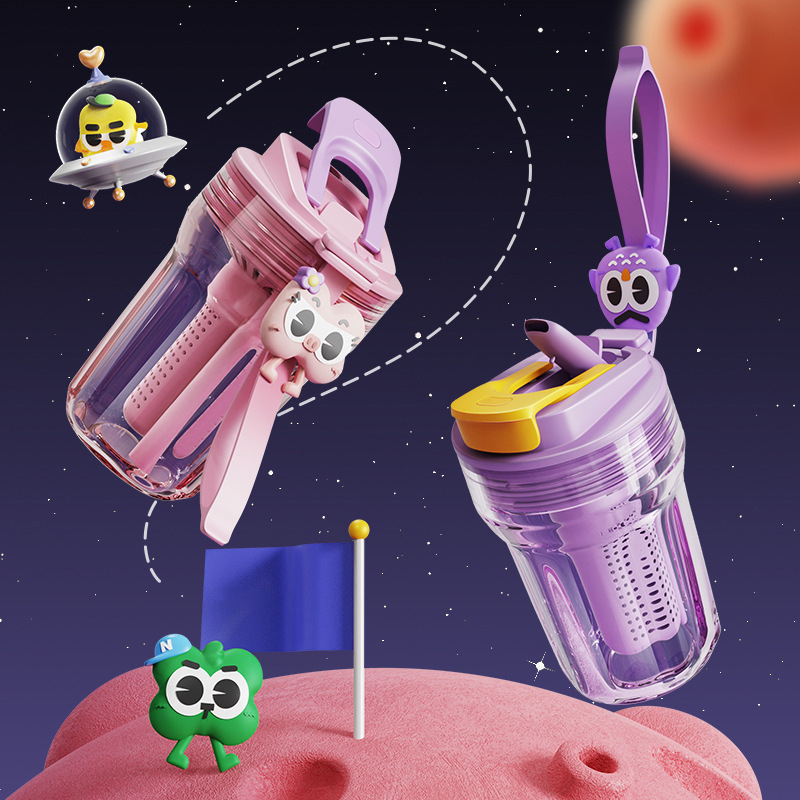 Cartoon plastic cup, high appearance level, summer portable double-drinking cool shake cup with tea separator straw, flower tea cup, 2023 new model details Picture