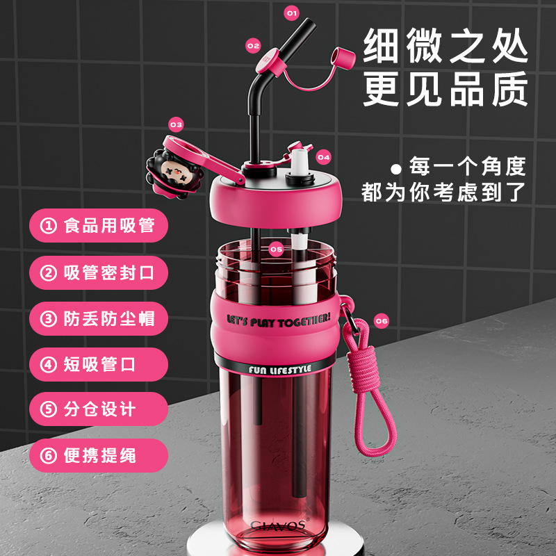 2024 Children's water cup, girls' portable plastic cup, cute cartoon summer sports ring, Double drinking straw cup Specification drawing