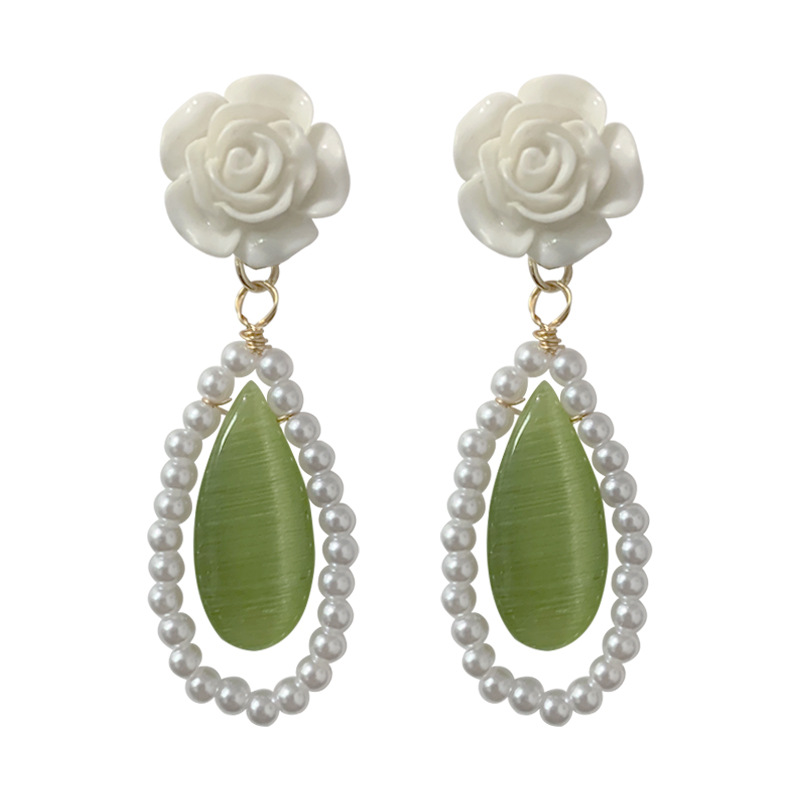 French retro green cat's eye stone ear studs, gentle pearl camellia rose water drop earrings, no ear piercings or ear clips Item Picture