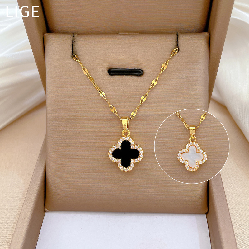 【 Titanium Steel 】 Four-leaf Clover Necklace and earrings Set, light luxury, micro-inlay, personalized and elegant banquet earrings and Necklaces combination Specification drawing