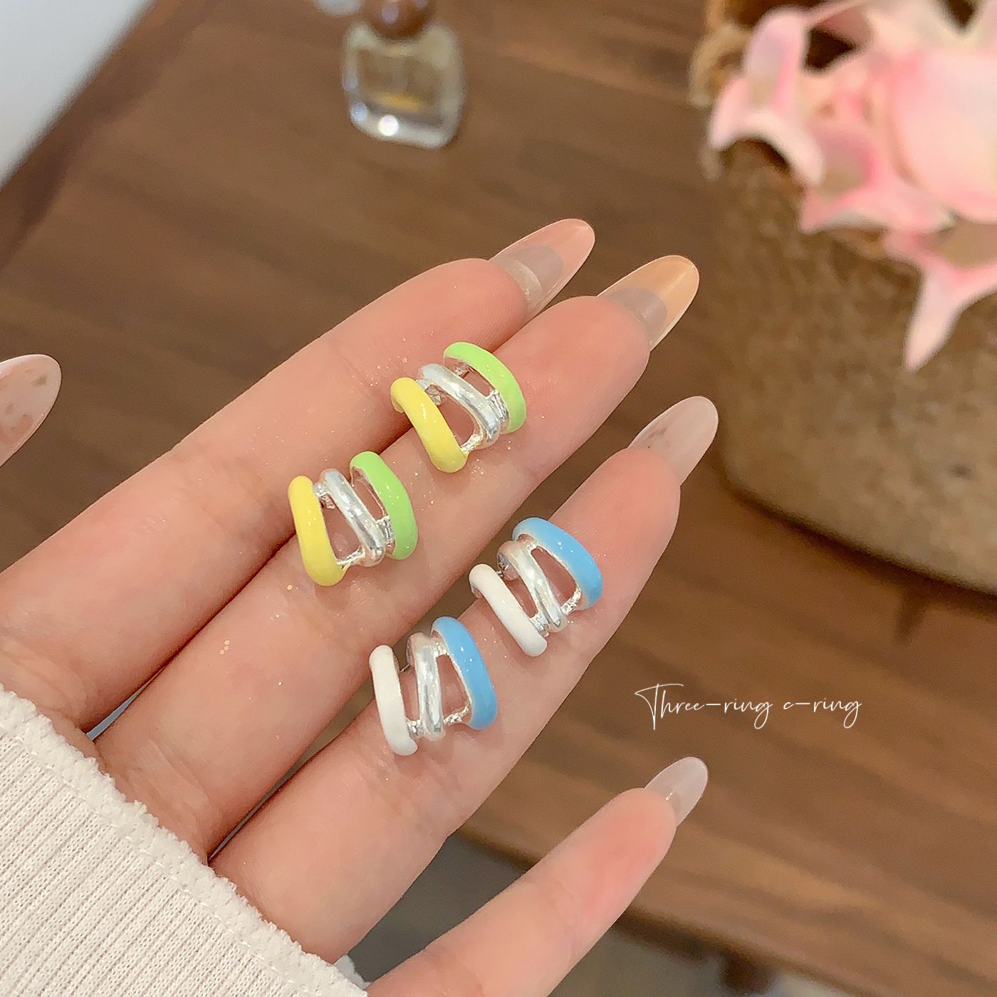 Summer dopamine fresh and colorful oil-dripping ring C-ring earrings, women's silver needle forest-themed niche atmosphere earrings Application Scenario