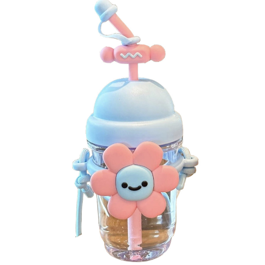 Sunflower Plastic Straw Cup, new desktop office plastic water cup, large-capacity slanted cross, cute girls' cup Item Picture