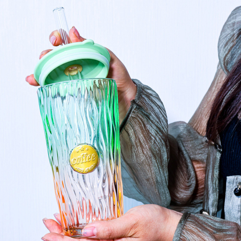 New popular glass straw cup for home use, high appearance level beverage juice cup, large-capacity student water cup with lid as a gift full figure