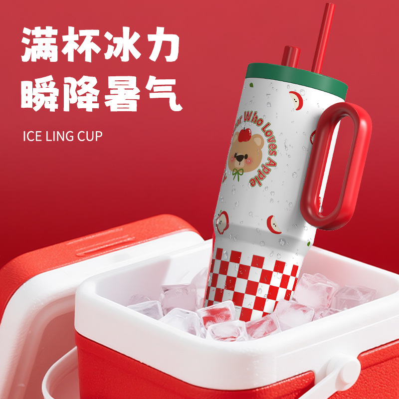 Double-layer cartoon couple straw cup, stainless steel insulated cup 316 with handle, large-capacity ice cup for keeping cold and heat full figure