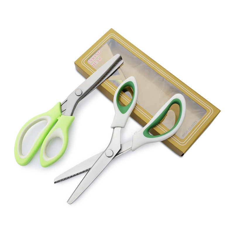 Two-color stainless steel toothed fabric scissors, fabric scissors, clothing scissors, serrated wavy arc scissors, sewing lace scissors Specification drawing