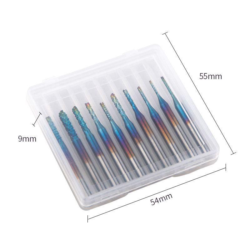 10pc tungsten steel engraving machine tool, PCB milling cutter, milling cutter, circuit board rough skin, blue-coated corn milling cutter, 0.8-3.175 Specification drawing