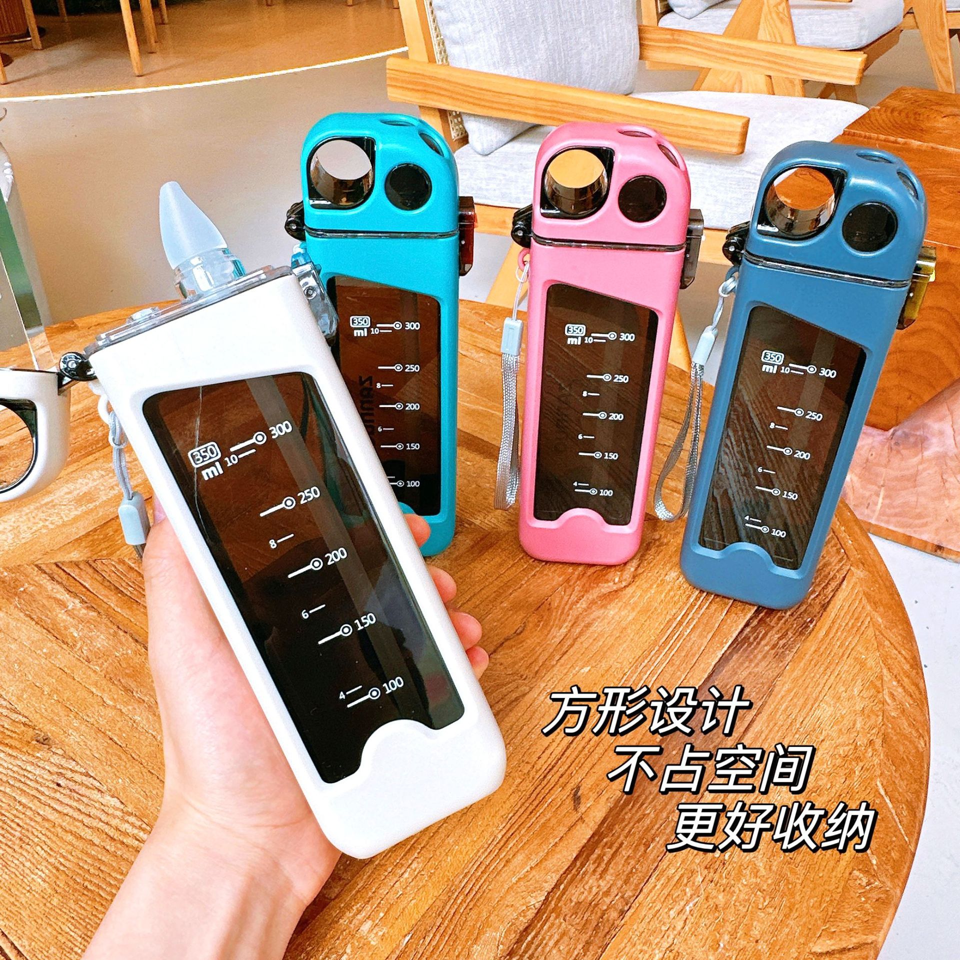 Square trendy plastic cups, sporty, fashionable and personalized straw cups, portable for couples, high appearance level, fitness cups with scales Specification drawing