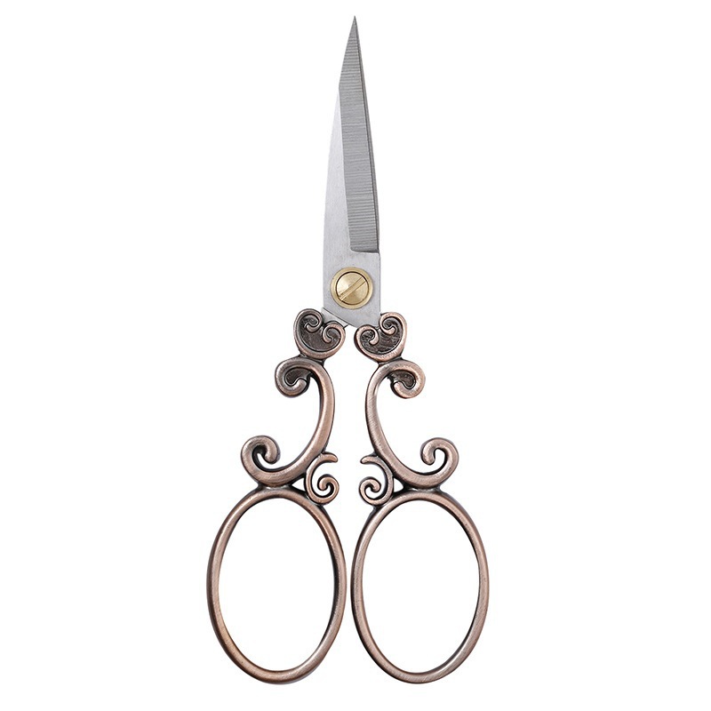 Retro scissors with European classical cut-edge patterns are available in two colors: bronze, silver and grey Item Picture