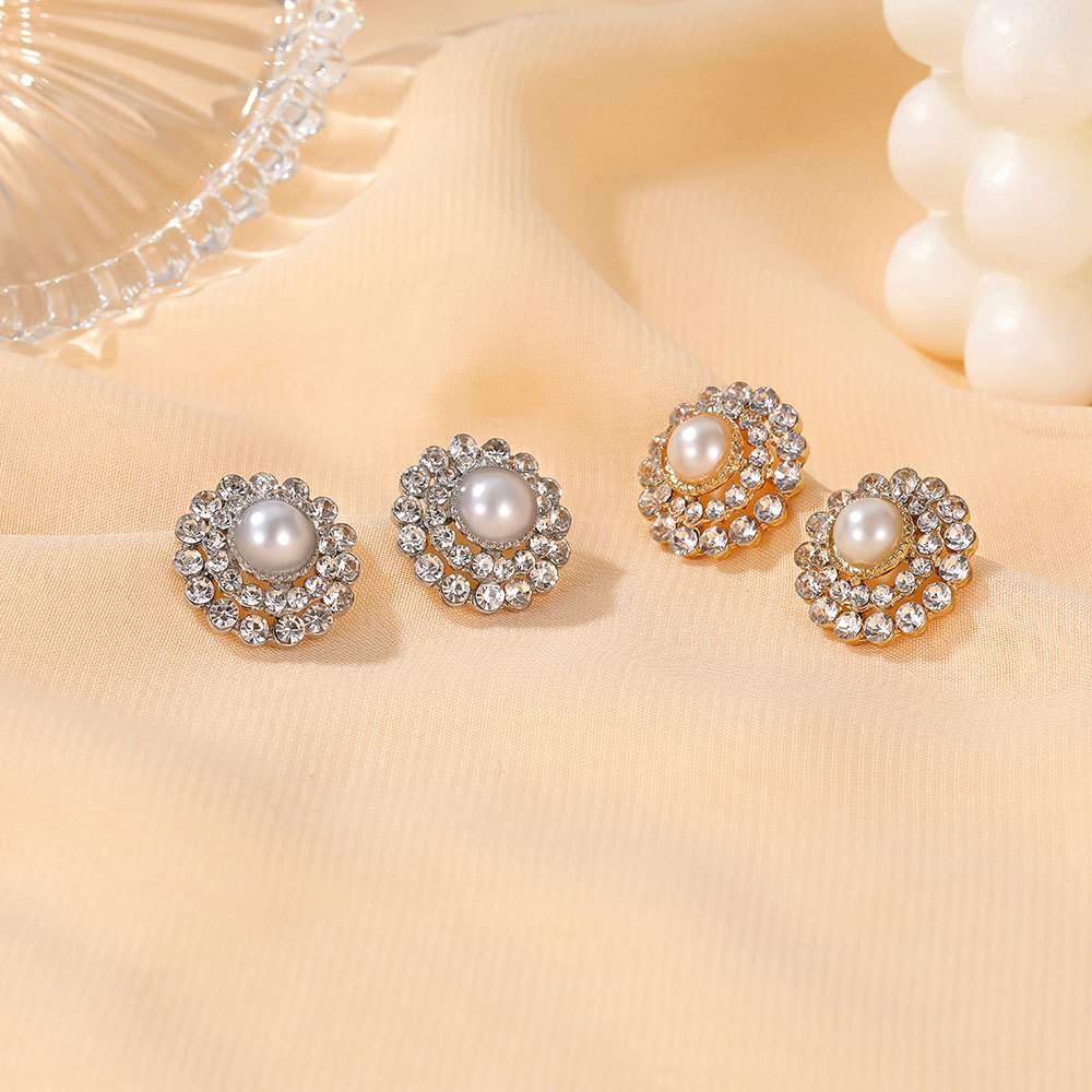 Cross-border round pearl sunflower stud earrings, Korean-style alloy full diamond earrings, fashionable zircon geometric earrings Specification drawing