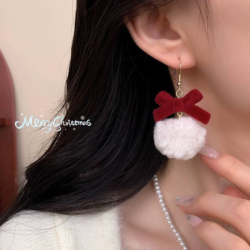 Red Christmas stud earrings for women in autumn and winter, 2024 new styles of pom-pom long tassel earrings, bow and stylish earrings details Picture