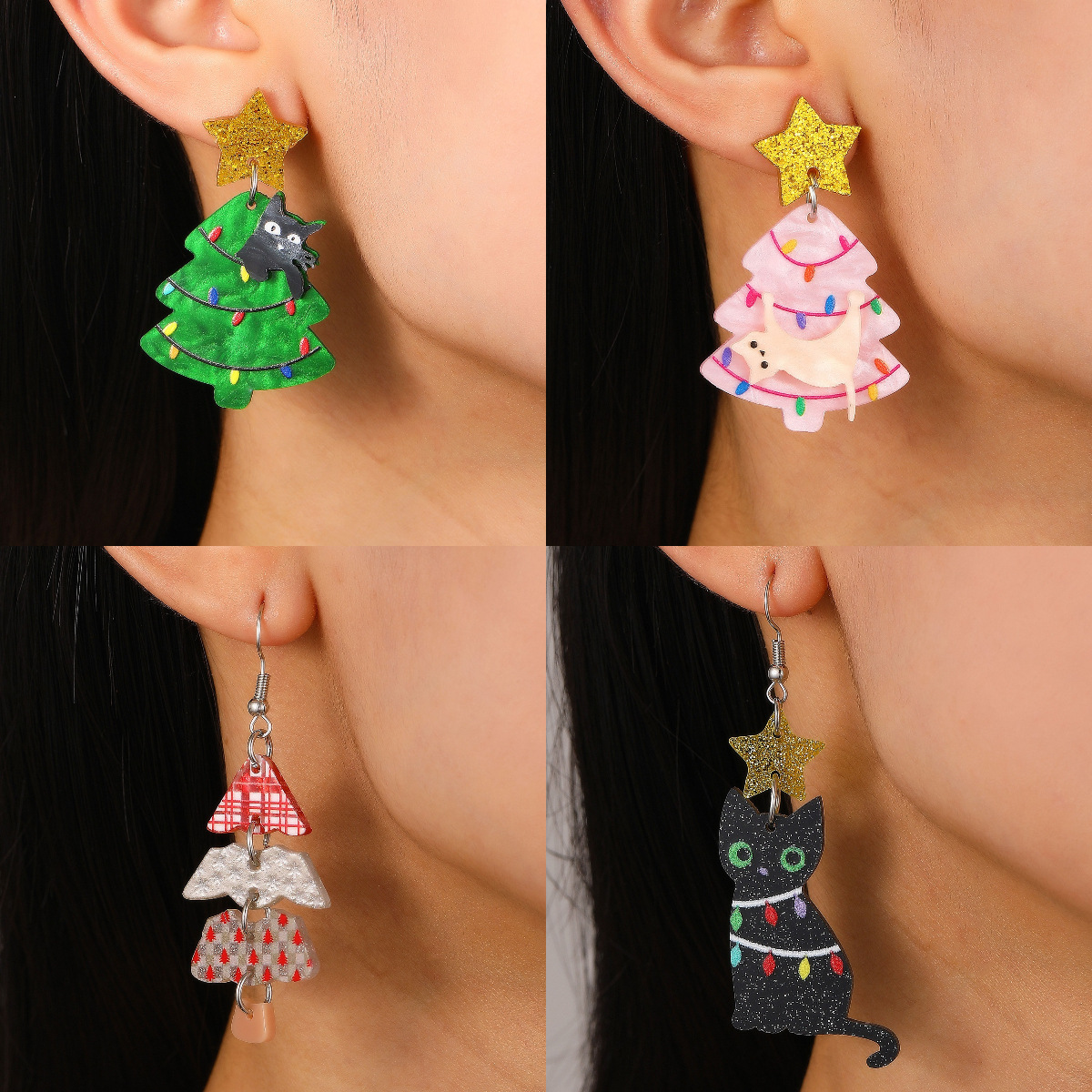 New cross-border Christmas tree, kitten, star creative stud earrings, Christmas earrings, acrylic earrings for women from Europe and America full figure
