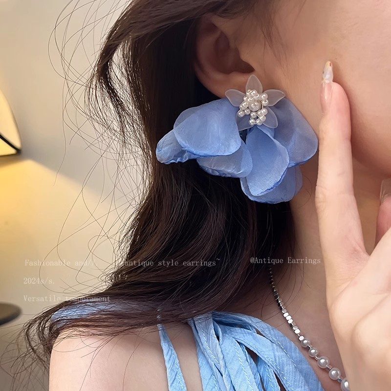 Super Fairy chiffon mesh earrings for women, 2025 new vacation-style seaside beach earrings, elegant and high-end stud earrings Specification drawing