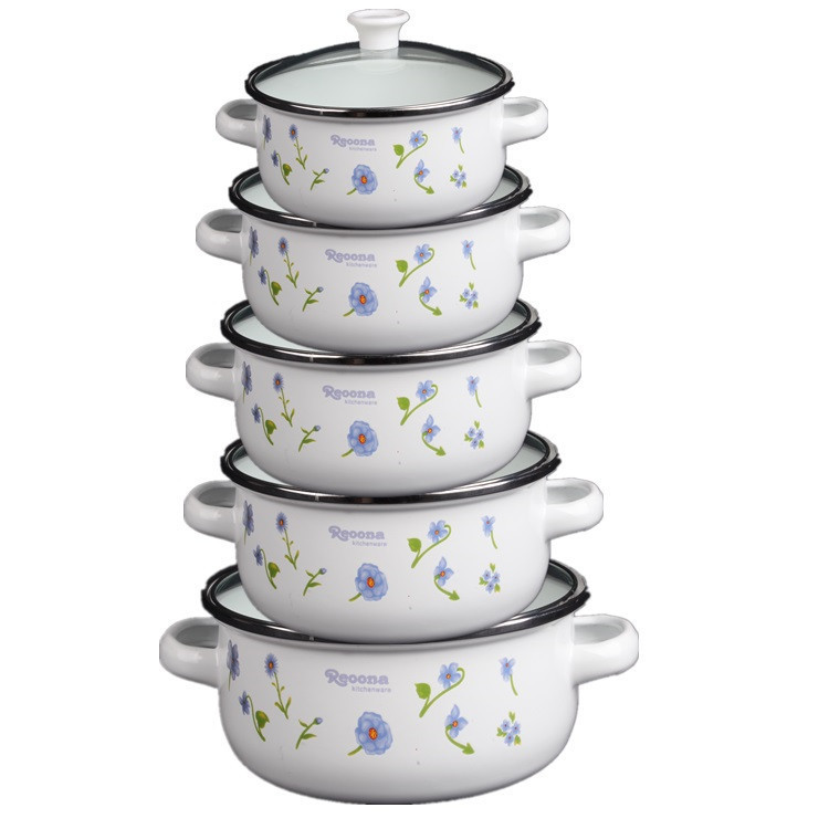enamel iron pot Enamel pot Double-ear soup pot Enamel thickened large soup pot Stew pot Boiling pot Five-piece set full figure