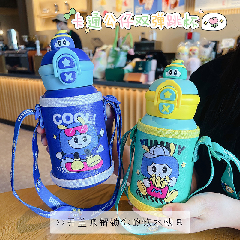 Kindergarten cartoon children's insulated cup, food-grade 316 stainless steel insulated double-drinking straw water cup for boys and girls details Picture