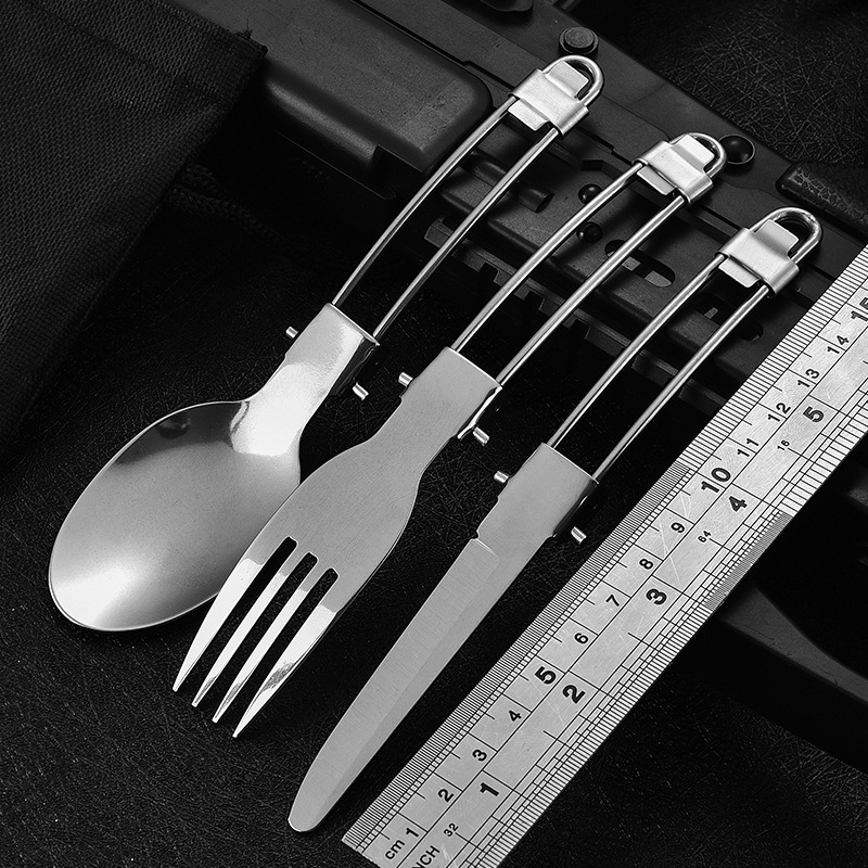 Mini multi-functional foldable outdoor camping stainless steel portable combination set, folding knife, fork and spoon tableware full figure