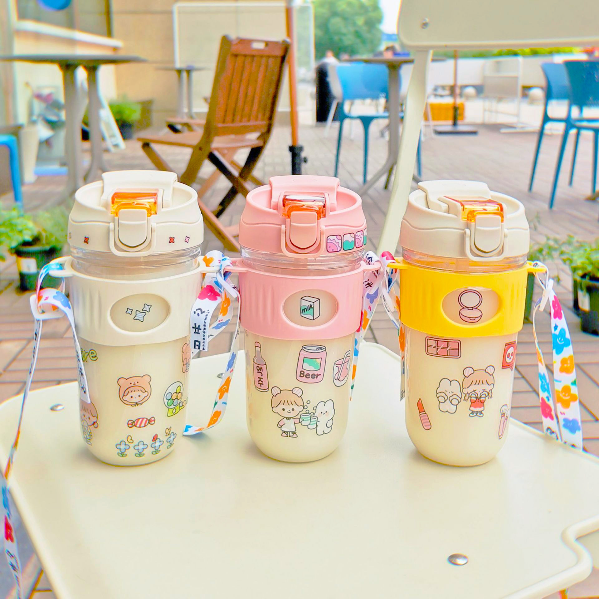 Anti-drop coffee cup, double-drinking cup with straw, popular portable water cup, student couple, office, outdoor, slanted cup sleeve, cup details Picture