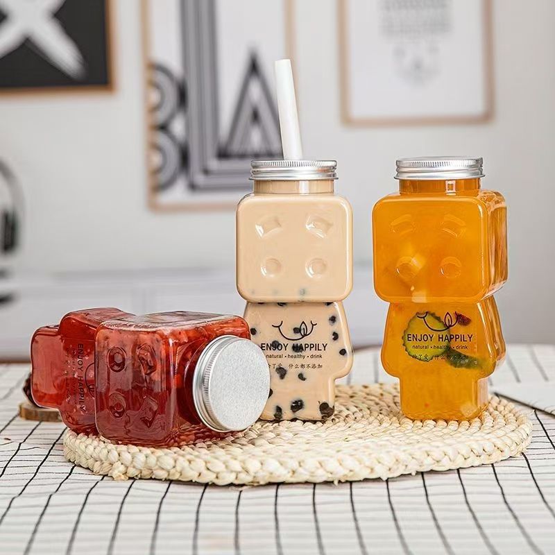 Amazon source wide-mouth bottle 500ml takeout wide-mouth juice bottle, Sujiang Tai tea Dirty cup milk tea bottle with cap full figure