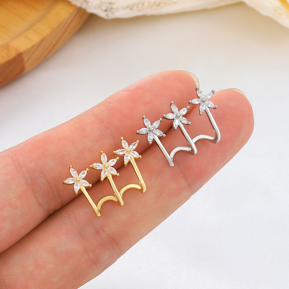 European and American ins Zircon flower stud earrings, fashionable and light luxury, single-row claw-shaped three small flower earrings, simple single earrings details Picture