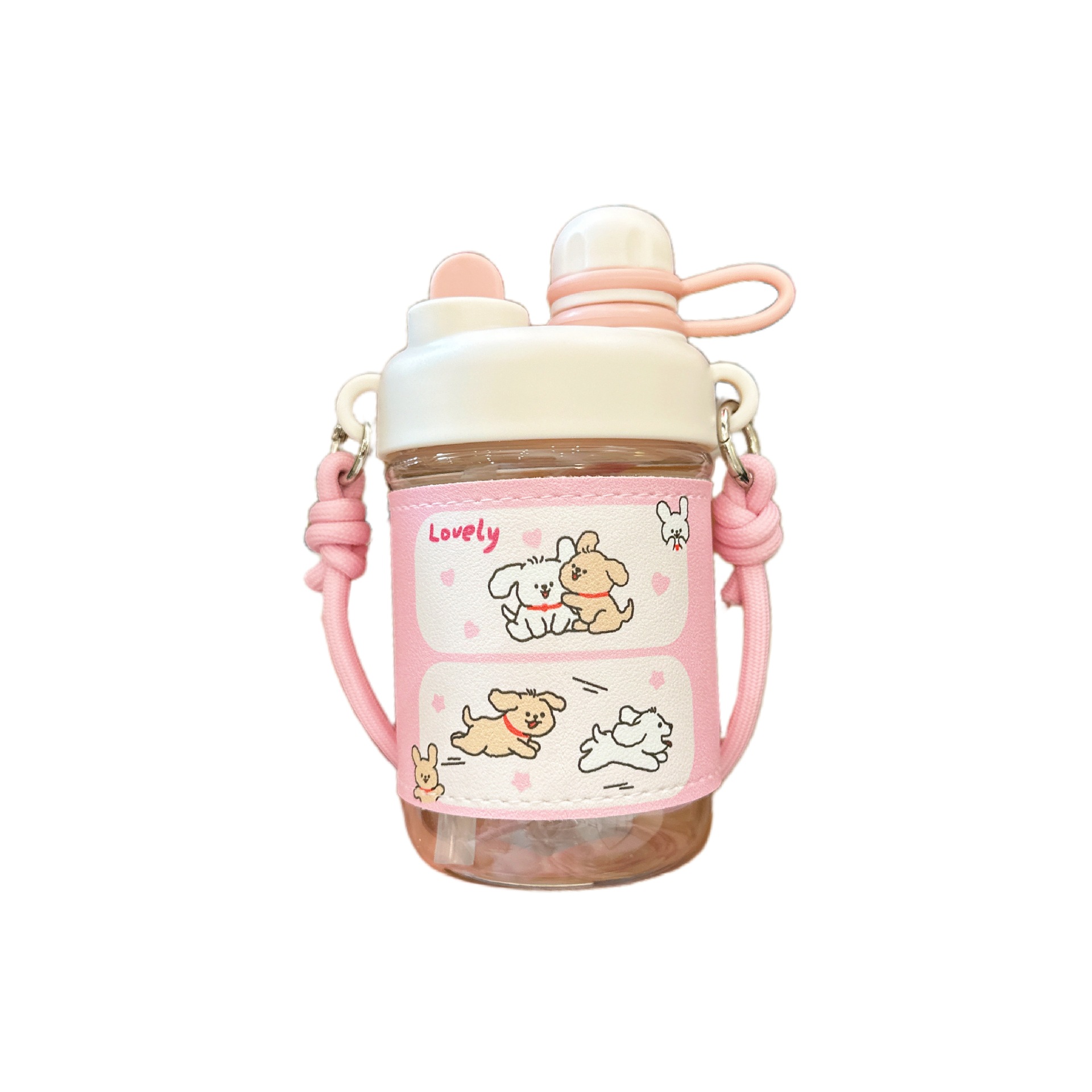 Cartoon leather case water cup, cute dog girl double-drinking straw cup, high appearance level, portable student plastic cup Item Picture