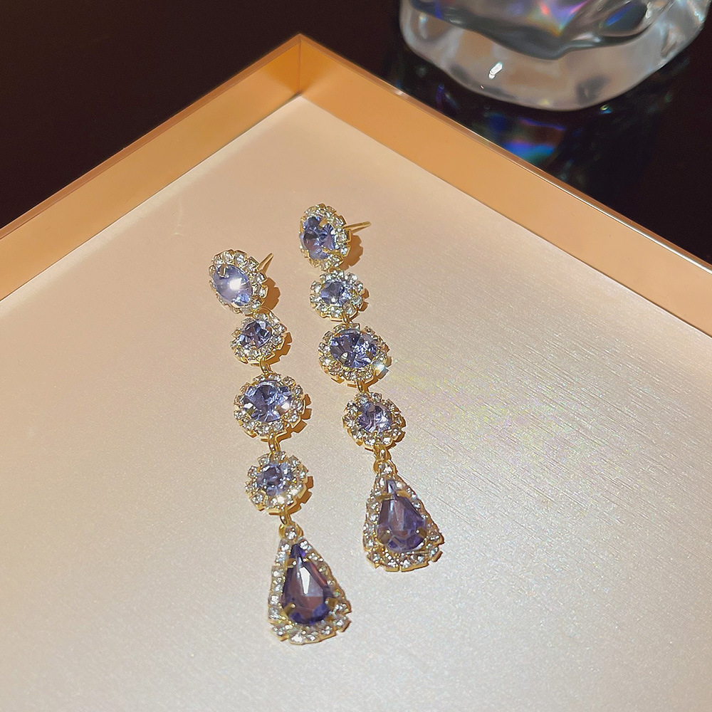 2024 New stylish geometric long tassel earrings for autumn and winter, high-end purple teardrop earrings for women wholesale Specification drawing