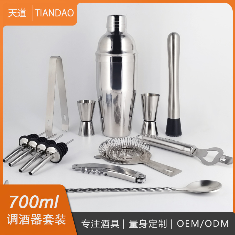 Cross-border cocktail mixing tool set, stainless steel cocktail shaker complete set, cocktail bar acrylic set of 14 pieces Specification drawing