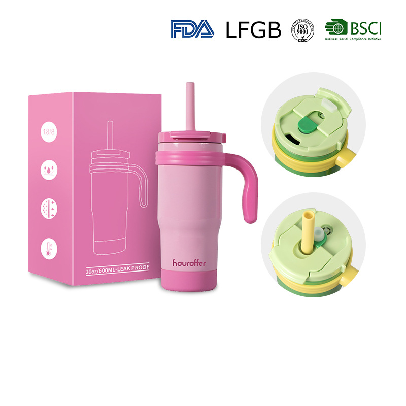 Exclusive new products: Private mold 14OZ double-layer stainless steel children's handle cup, straw cup, Ruduce children's insulated cup full figure