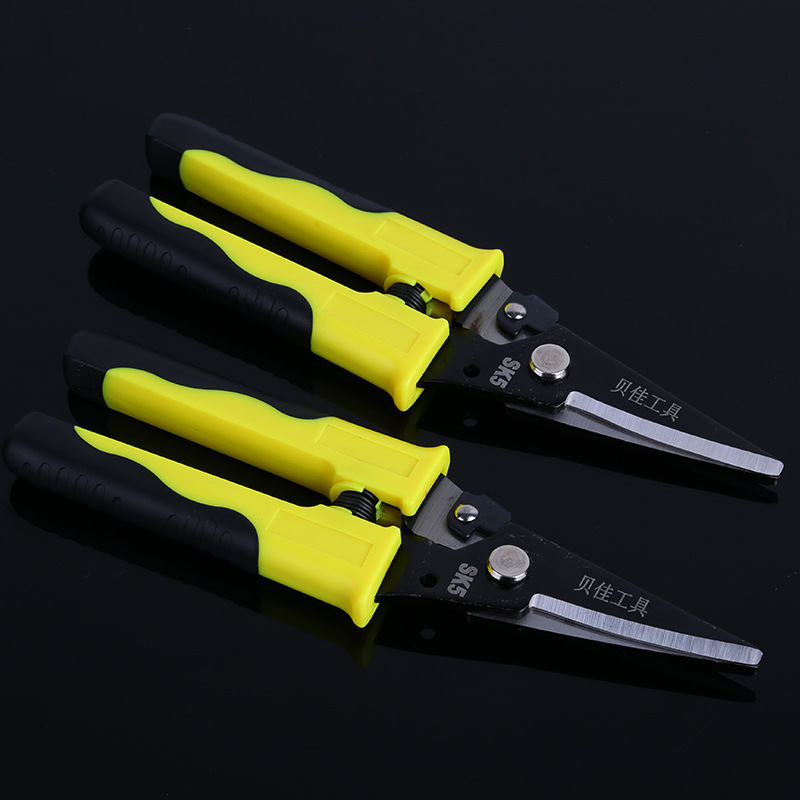 Hardware tools: Beijia multi-functional household scissors, sharp metal scissors wholesale, 65# manganese steel V-shaped iron sheet scissors Application Scenario