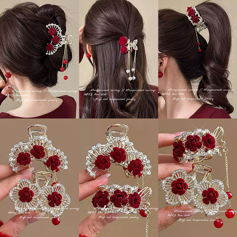 Red velvet rose pinch women's 2024 new high-end back hairpin, updo, shark clip headwear Specification drawing