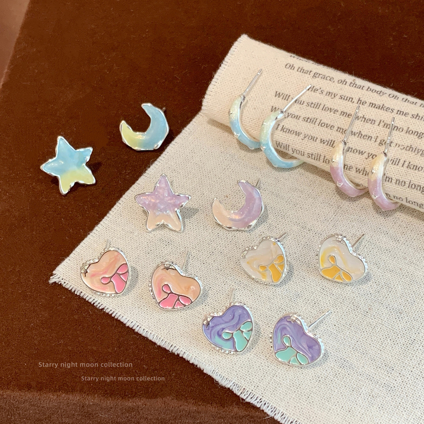 New oil-dripping, colorful, heart-shaped bow, C-ring stud earrings, women's silver needle stars, sweet, exquisite and versatile earrings full figure