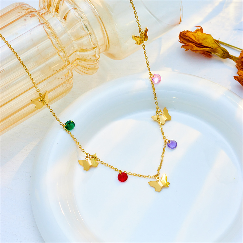 European and American fashion seven-color cut beaded butterfly pendant titanium steel metal jewelry, versatile and high-end, cold style necklace details Picture
