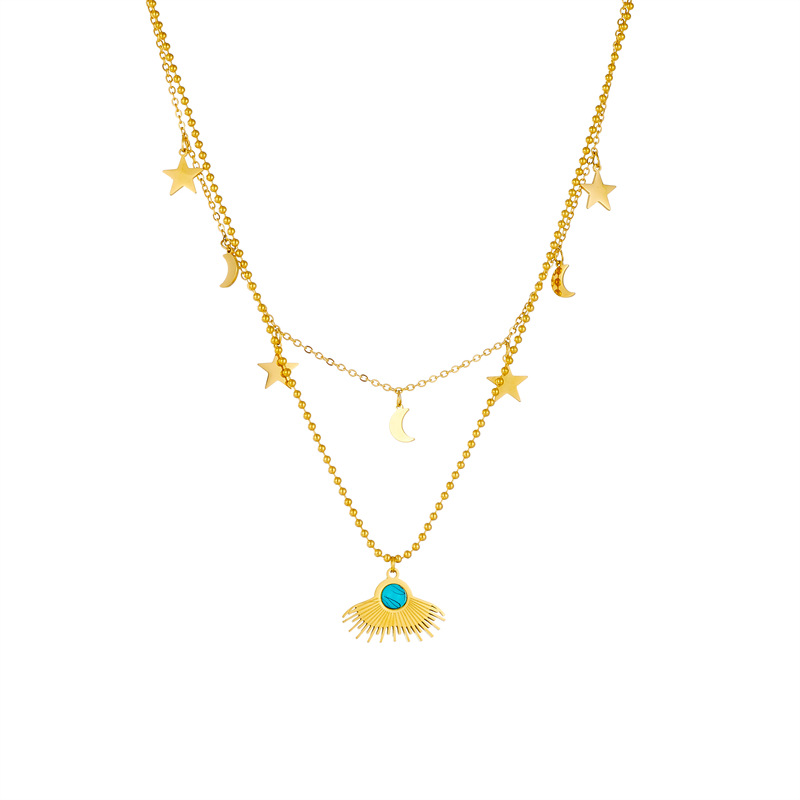 Fashionable cross-border gold-plated star and moon pendant, blue turquoise fan-shaped accessory, double-layer stacked stainless steel jewelry necklace Item Picture