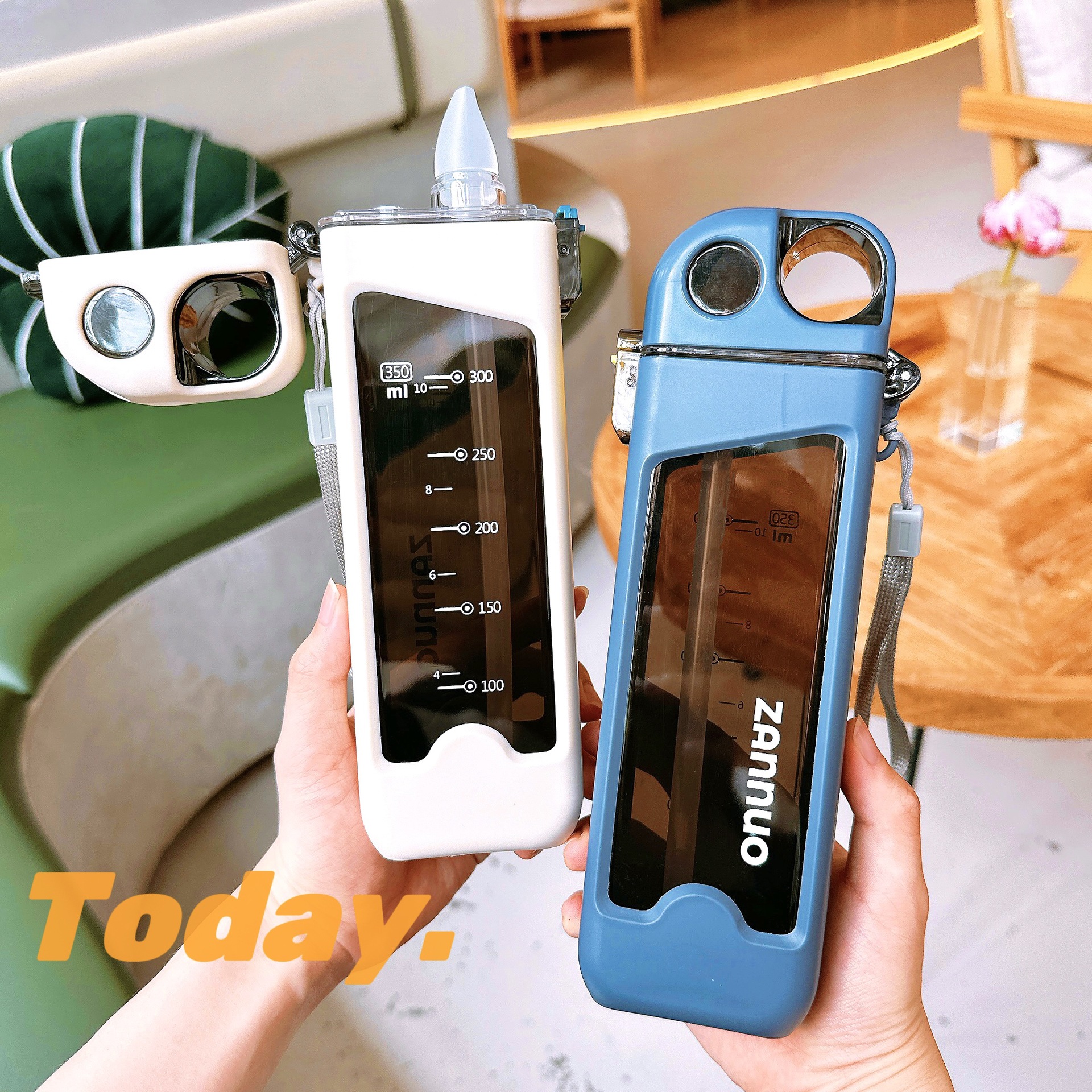 Square trendy plastic cups, sporty, fashionable and personalized straw cups, portable for couples, high appearance level, fitness cups with scales Application Scenario