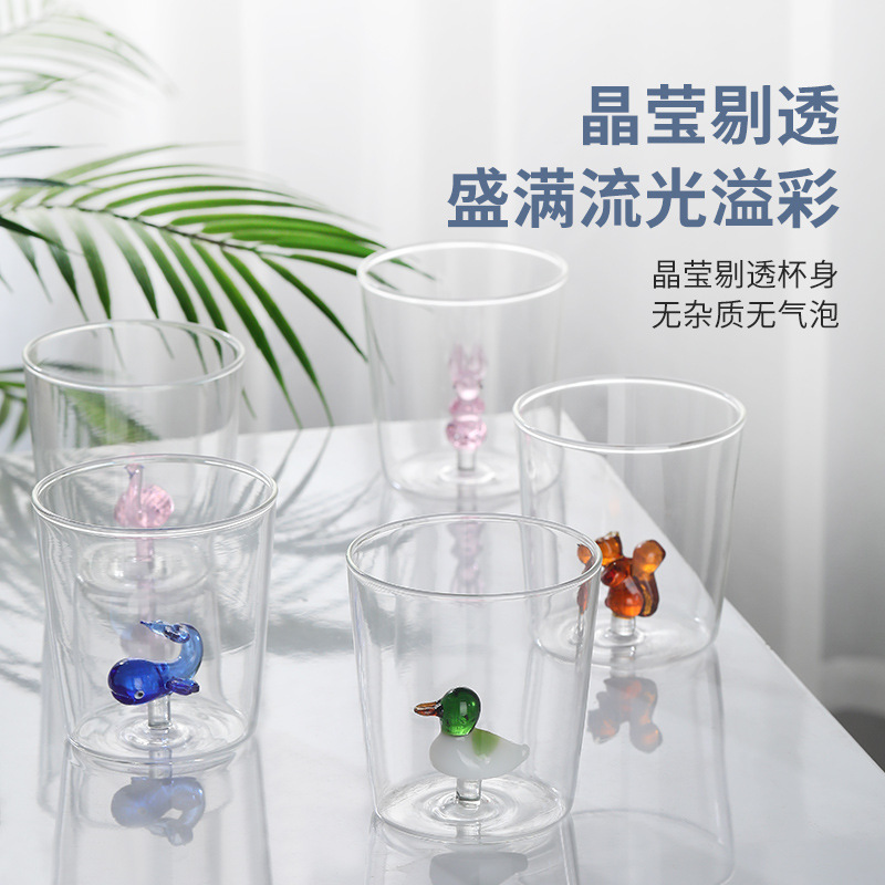 Wholesale creative cartoon glass cups, high-temperature resistant high borosilicate glass cups, household transparent high appearance level animal water cups Specification drawing