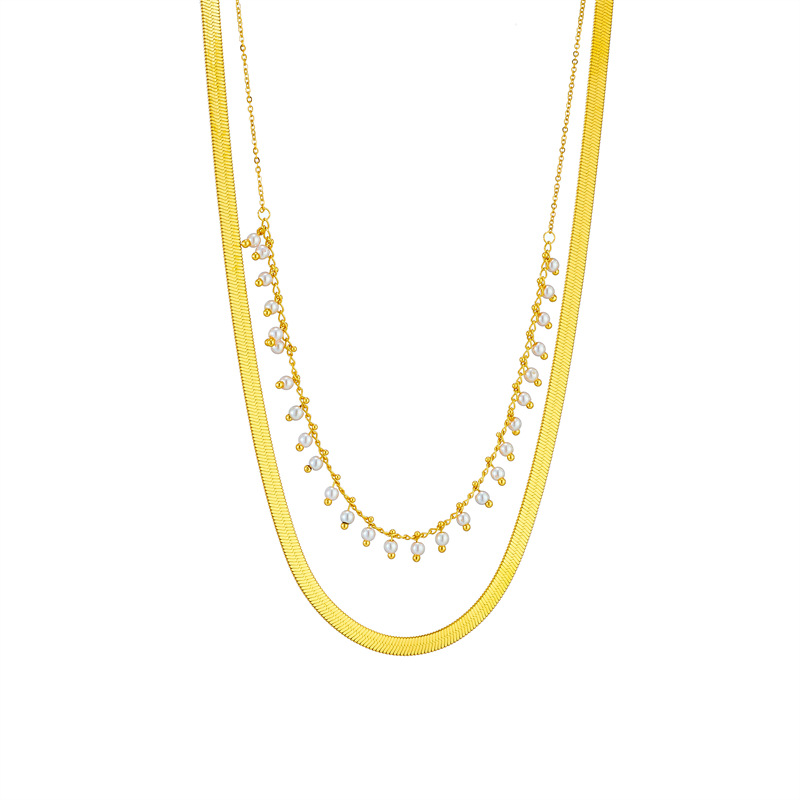 European and American double-layer stacked chain pearl titanium steel jewelry necklace, fashionable and versatile, simple and elegant, retro collarbone chain Item Picture