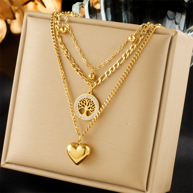 Fashionable, niche, simple and retro titanium steel metal multi-layer chain heart round plate life tree pendant necklace full figure