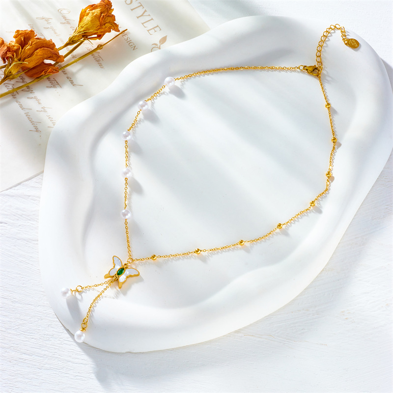 European and American fashion, retro, versatile, simple and high-end metal titanium steel tassel pearl butterfly pendant accessory necklace Specification drawing