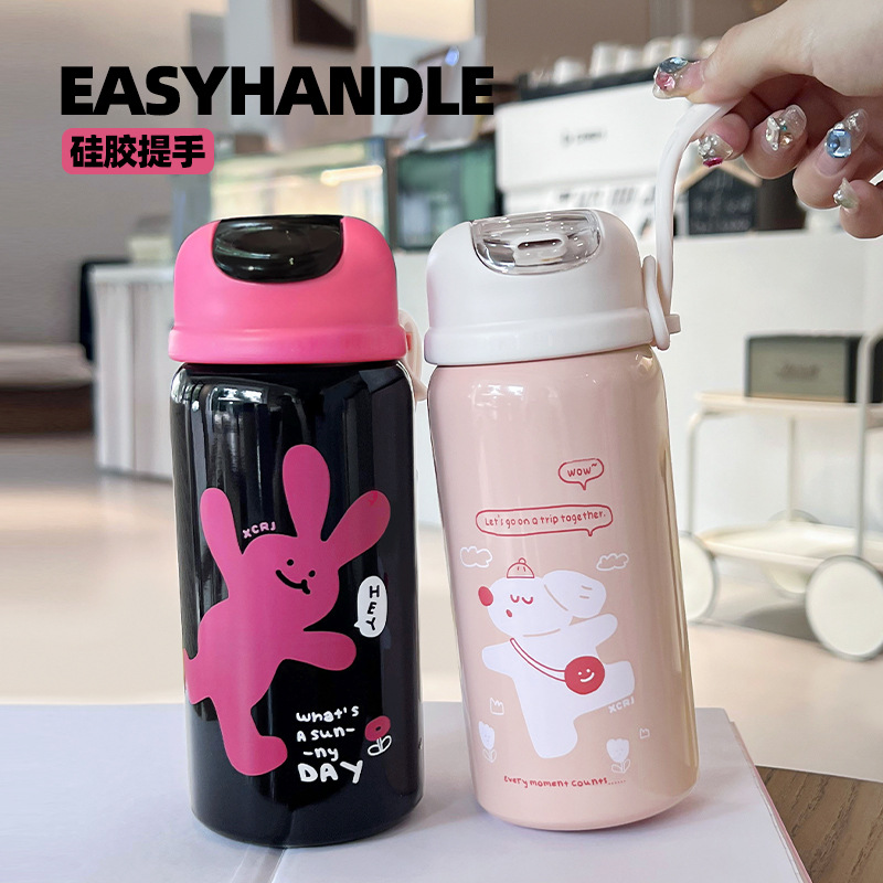 Wholesale of simple school insulated cups, portable straw water cups for students, cartoon cute and small stainless steel cups details Picture
