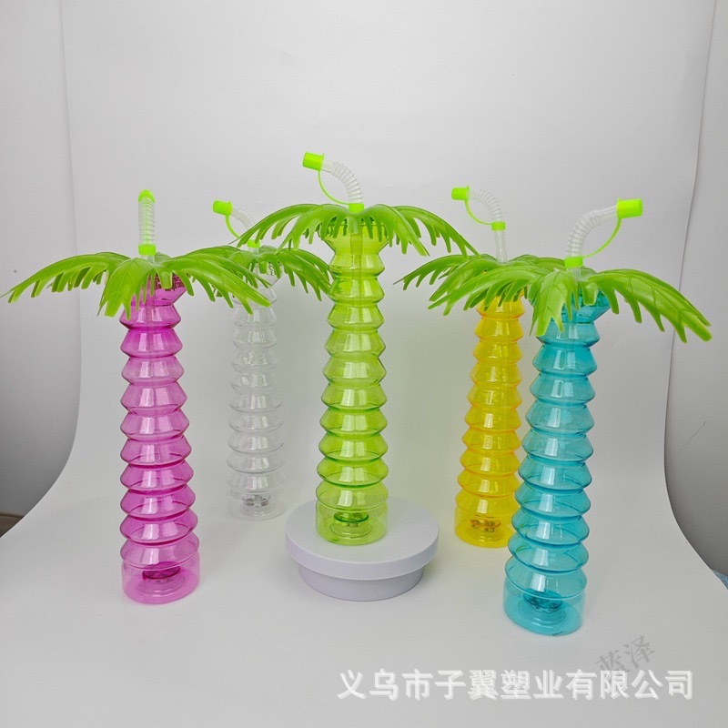 Creative special-shaped pet disposable plastic luminous coconut tree cup 500ML straw cup Beach drink water cup in stock full figure