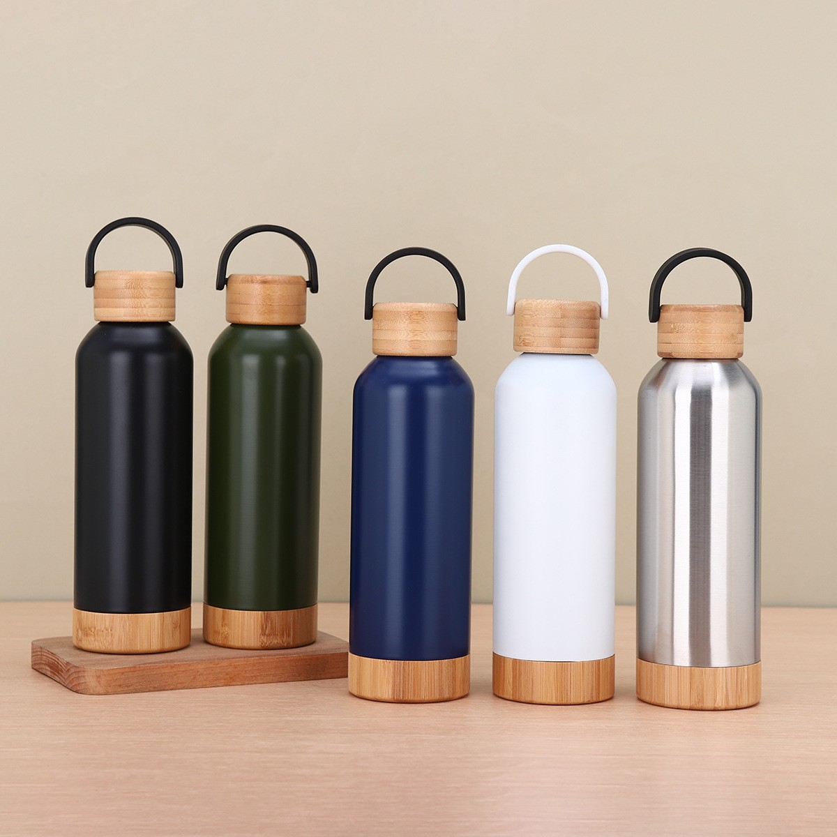 New bamboo-cap sports bottle, bamboo-bottom sports water bottle, bamboo-cap small-mouth sports bottle, stainless steel vacuum insulated cup full figure