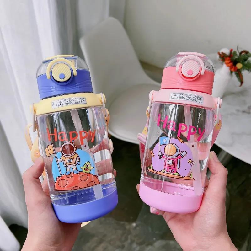 Children's water cups with straws for students, kindergarten babies, anti-drop, portable, cute, large-capacity Korean plastic cups for boys and girls details Picture