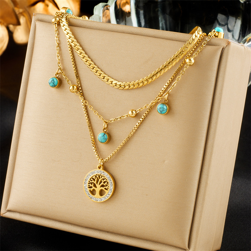 Fashionable and elegant, simple design sense, multi-layer overlapping collarbone chain, life tree, turquoise pendant, titanium steel necklace full figure