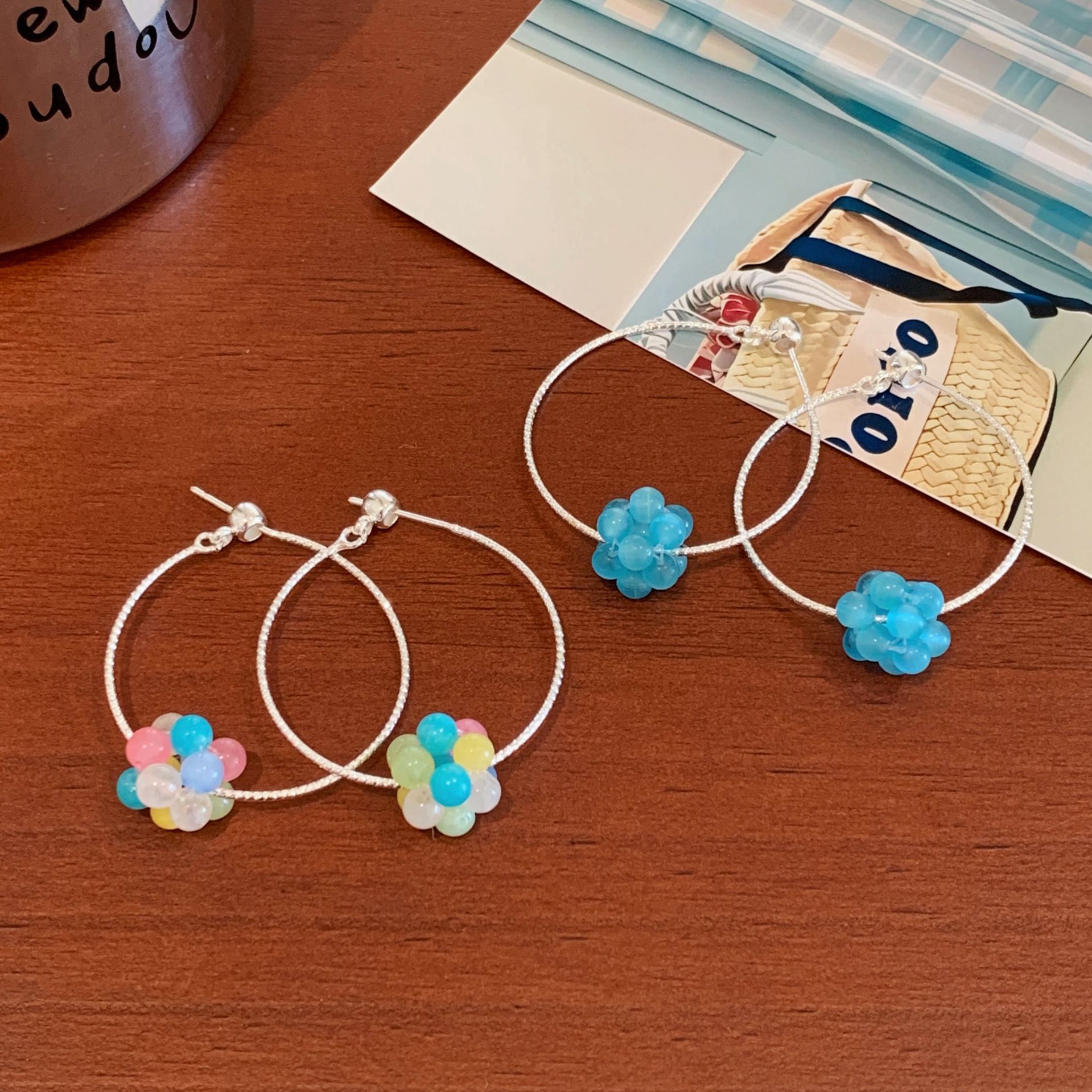 Summer dopamine, fresh and light blue, transparent beaded ear rings, women's exaggerated and high-end style, vacation style earrings full figure