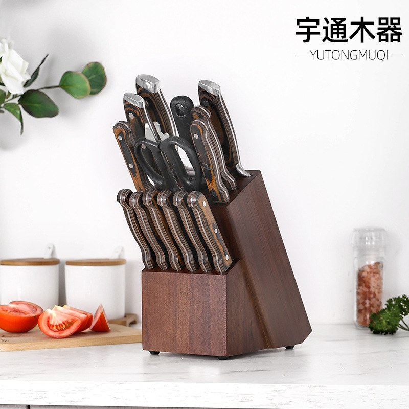 Cross-border manufacturer has 15 sets of solid wood knife holders, kitchen knife multi-functional storage racks, knife racks and kitchen knife racks in stock full figure