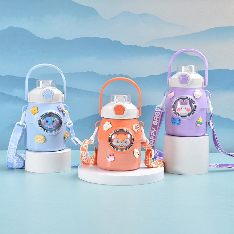 316 stainless steel children's insulated cup, portable hanging strap with lifting rope, cartoon large-bellied water cup, available in multiple colors details Picture