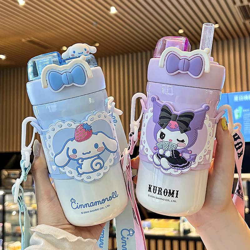 Cute Sanrio Family series bow student thermos cup, one double-drinking adjustable cup rope drinking cup Item Picture