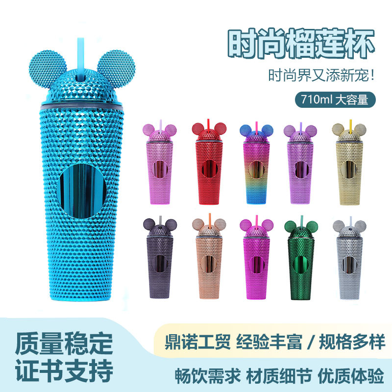 New cross-border factory direct supply large-capacity water cup, creative and prickly durian cup, fashionable cat-ear plastic straw cup full figure